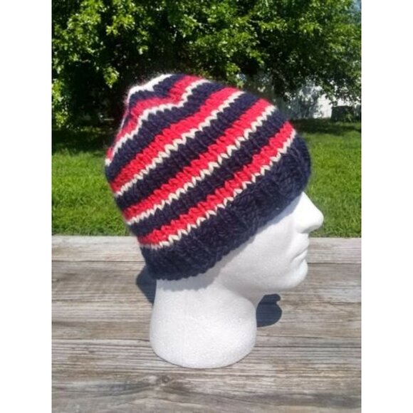 Handmade Mens Beanie Hat Alpaca Wool Cap Soft Chunky Knit Red White Blue USA - Picture 3 of 11
